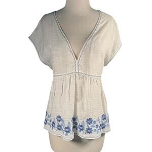 Babydoll Max Studio London Linen Small Embroider Top Old Money Quiet Luxury NWT